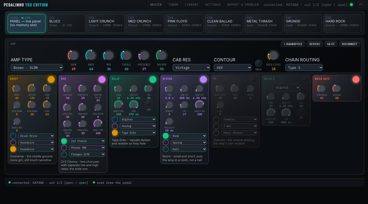 The Pedalinho editor with a BOSS Katana patch open: the amp panel and the whole effects chain, every value read from the pedal.